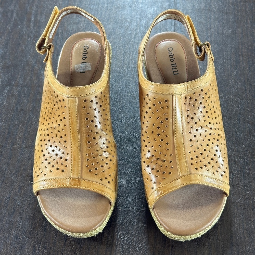 Cobb Hill Amber Camel Yellow Cutout Erika Leather Slingback Wedge Sandals Sz 8